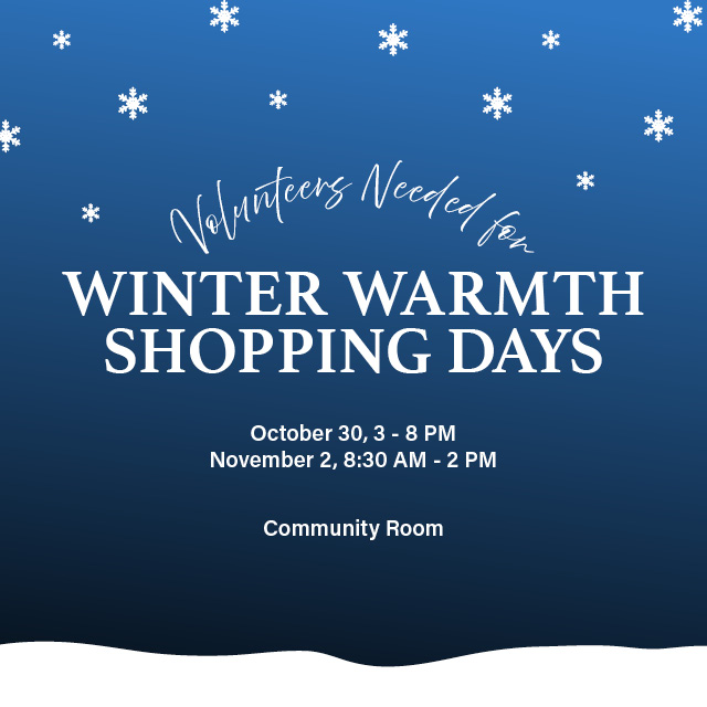 October 30 & November 2, Multiple Shifts
Volunteer to help welcome and assist our Northside Neighbors select winter coats for their families.


